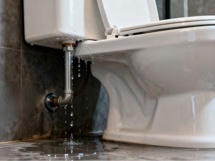 Toilet overflow water leaking near the base and supply line in a Fort Pierce, FL bathroom