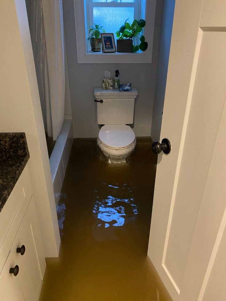 Flooded bathroom floor after a toilet overflow in a Fort Pierce, FL home